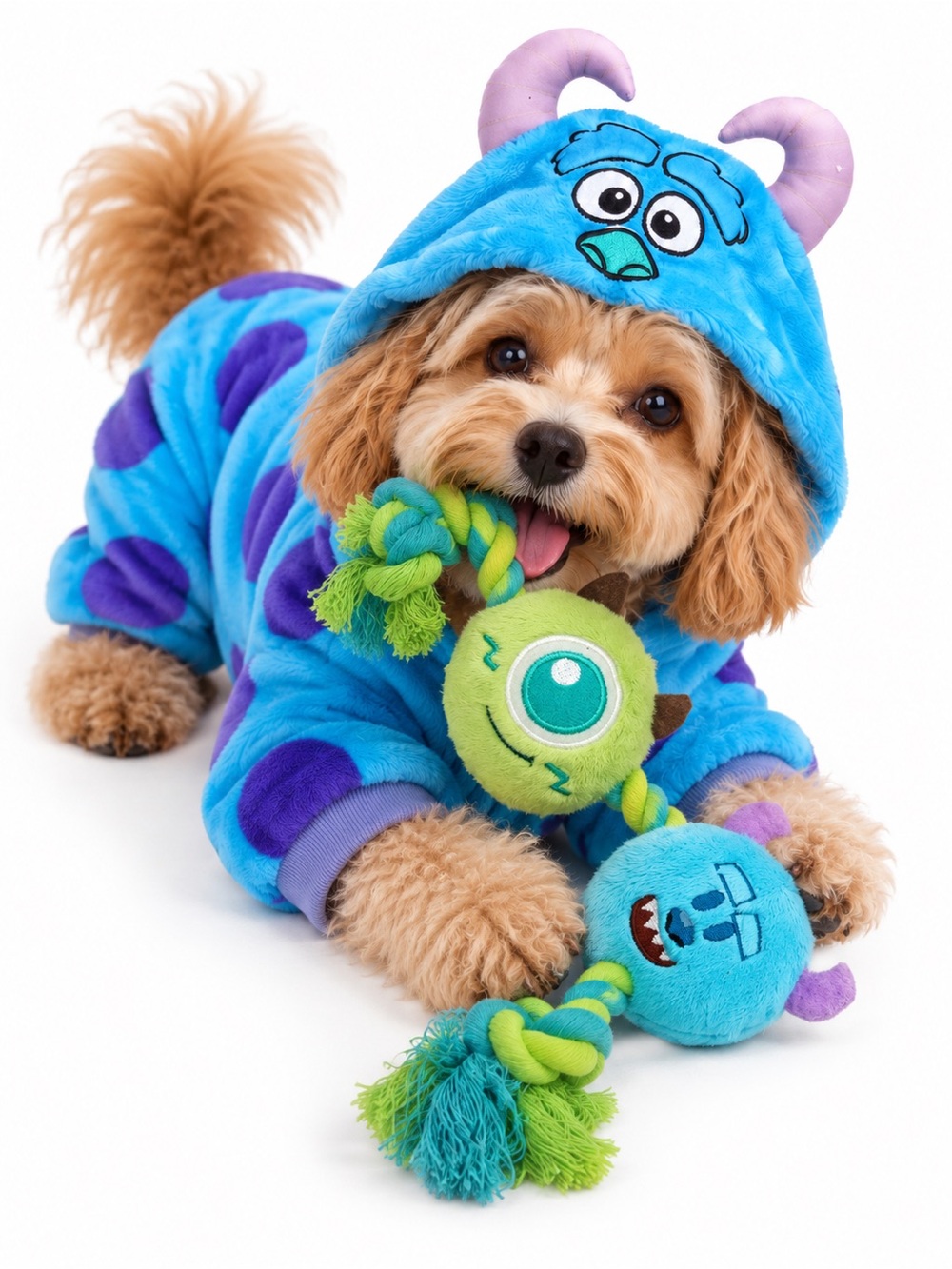 NEW - Disney Pixar Monsters Inc Sulley Dog Costume Sz M + Rope Toy Pet Bundle